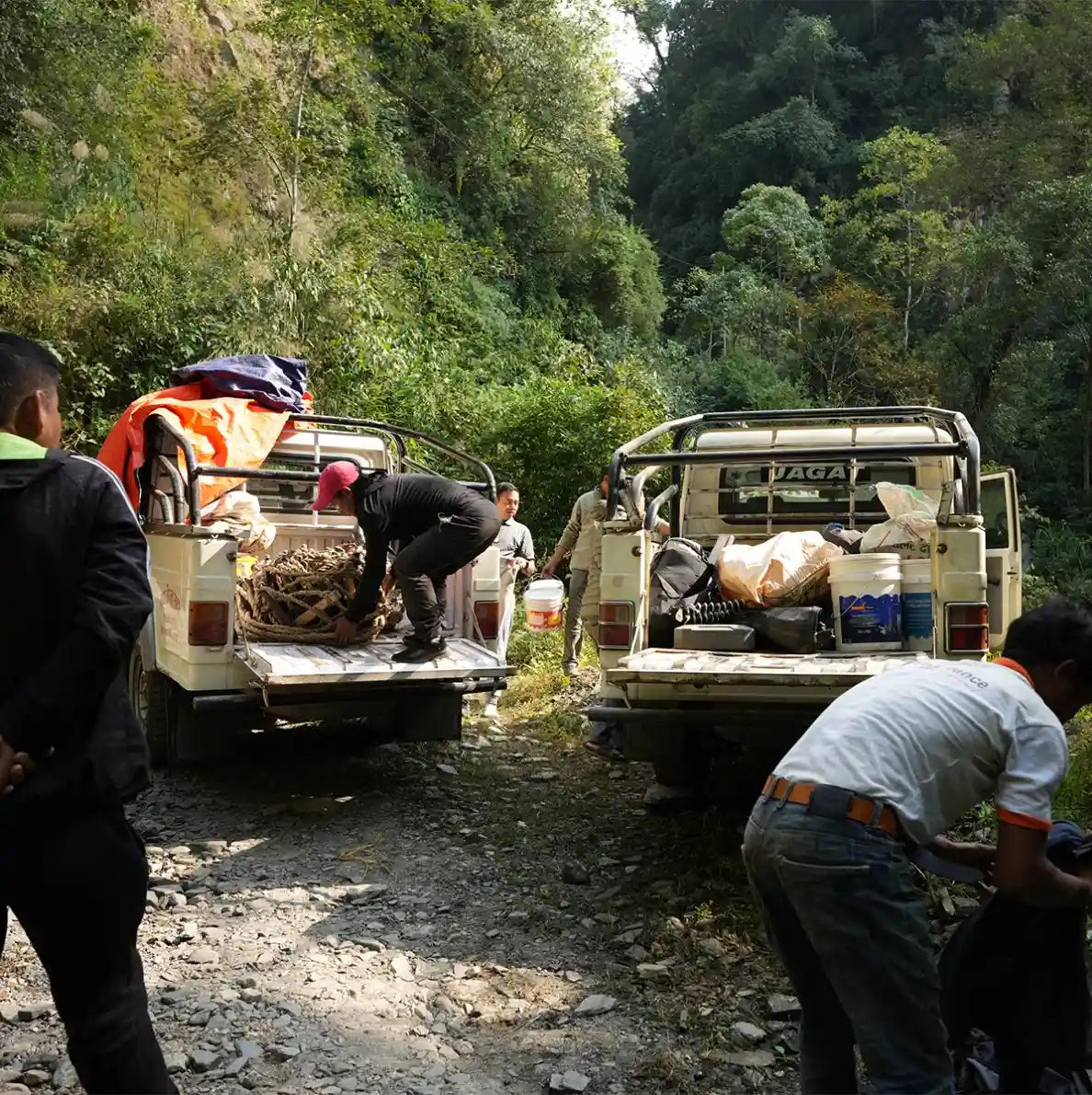 Two vehicles used during the mad honey hunt for carrying tourists, tools and people