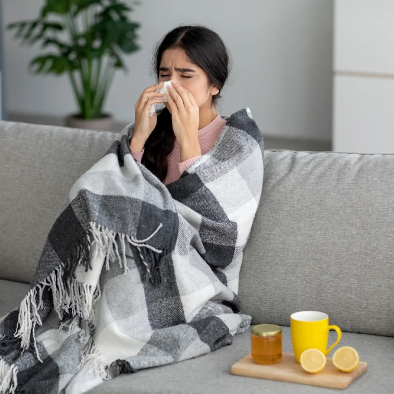 A girl using honey and lemon for her common cold 