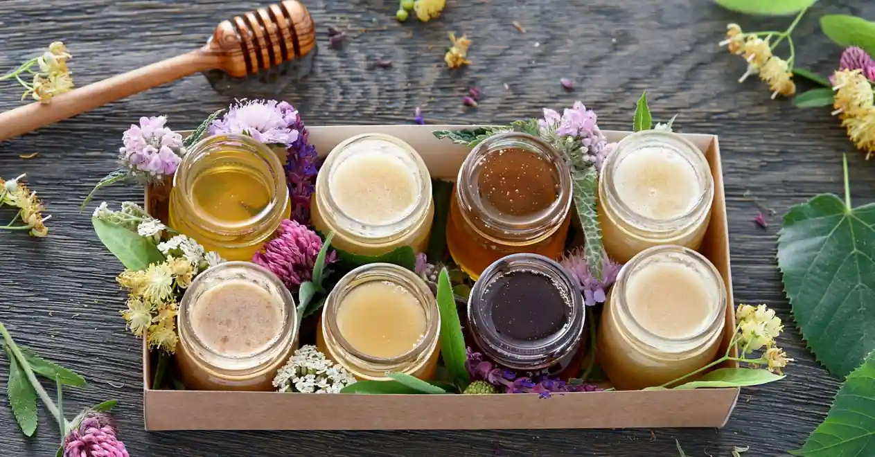 flor silvestre, miel loca y miel cruda en una caja rodeada de flores